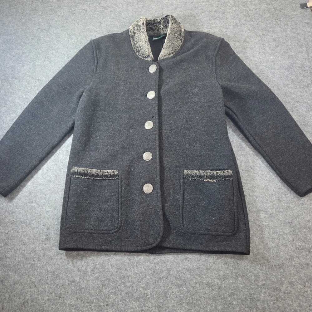 Vintage GEIGER Collection Wool Jacket Womens 38 Austria Charcoal Gray Plush Trim